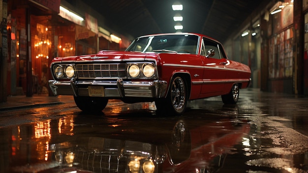 Imagen cinemática con zoom y alejamiento de la plataforma rodante del galardonado Lowrider 1964 Chevy Showcase con Ultra HD