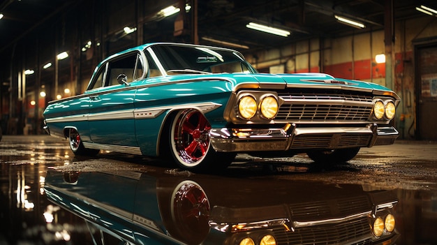 Imagen cinemática con zoom y alejamiento de la plataforma rodante del galardonado Lowrider 1964 Chevy Showcase con Ultra HD