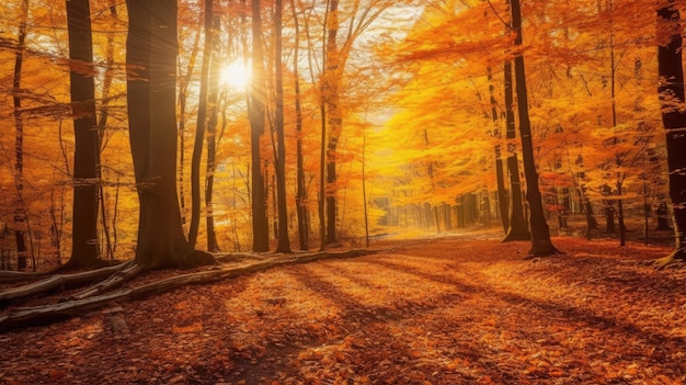 Imagen cinematográfica del bosque en la temporada de otoño.