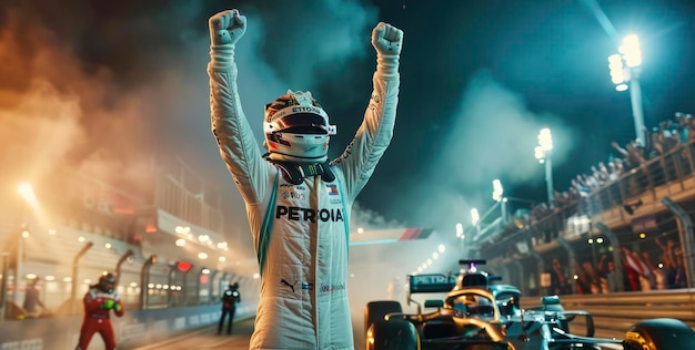 Imagen cinematográfica de un conductor de Mercedes celebrando su victoria con los brazos levantados en