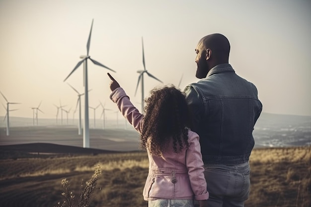 Imagen cinematográfica de un joven padre ingeniero afroamericano junto a su hija mirando el campo de molinos de viento Concepto de energía renovable y sostenibilidad