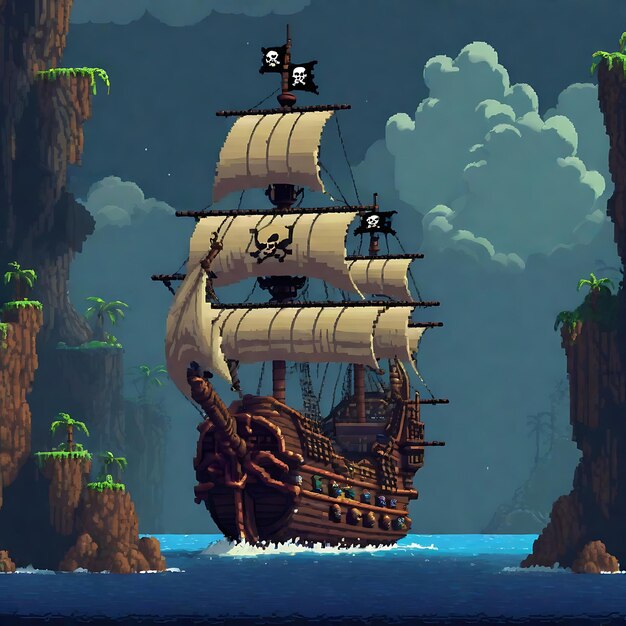 Foto una imagen cinematográfica de un juego de exploración de barcos piratas pixelados