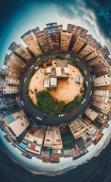 Una imagen circular de una ciudad con una calle y edificios en el medio.