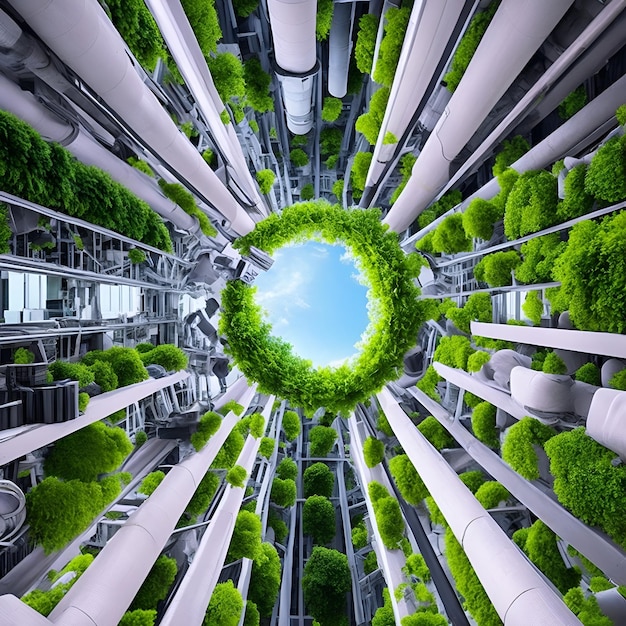 Foto una imagen de una ciudad con un círculo verde y un cielo azul