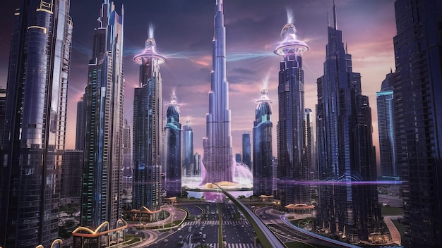 una imagen de una ciudad con una ciudad futurista en el fondo