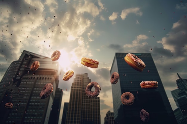 Una imagen de una ciudad con donas volando en el aire.