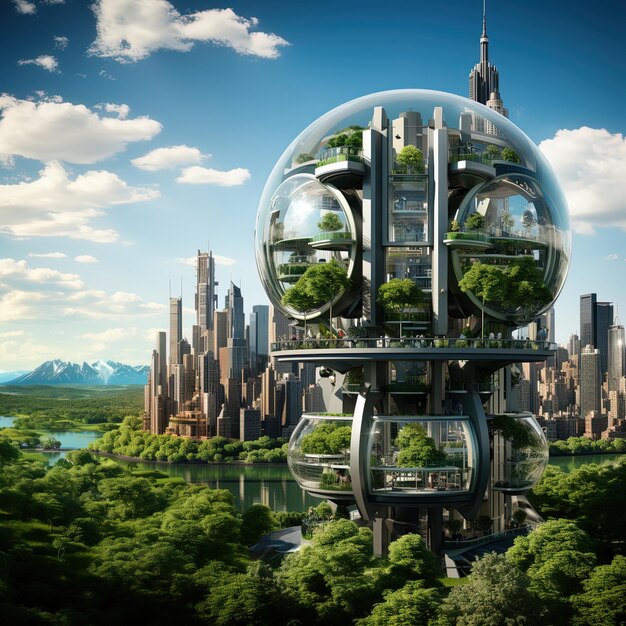 una imagen de una ciudad con una gran burbuja de vidrio en ella