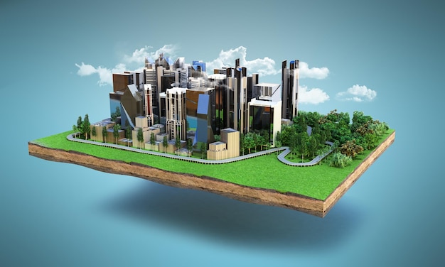 Imagen de una ciudad moderna rodeada de paisaje natural renderizado en 3D en azul con nubes