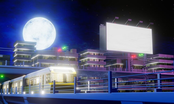 Imagen de la ciudad por la noche hay vías de tren para transportar en la ciudad cartel blanco en blanco noche de luna llena renderización 3d