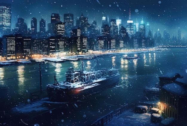 una imagen de la ciudad de Nueva York por la noche con nieve cayendo en el estilo de panorama