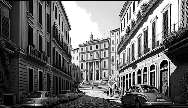 Imagen de la ciudad de Roma antigua de papel tapiz blanco y negro altamente detallado arte generado por IA