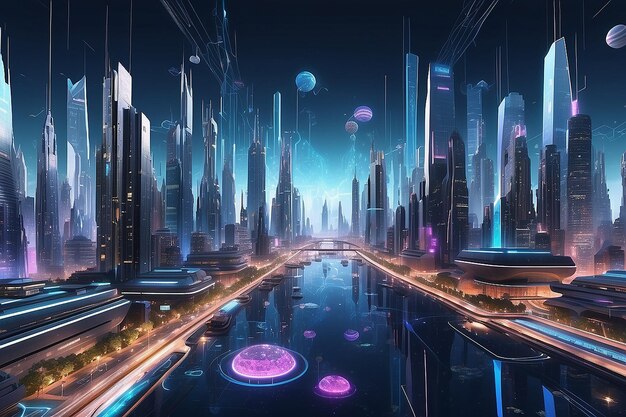 Imagen de una ciudad virtual en el metaverso futurista digital interconectado inmersivo bullicioso generativo ai