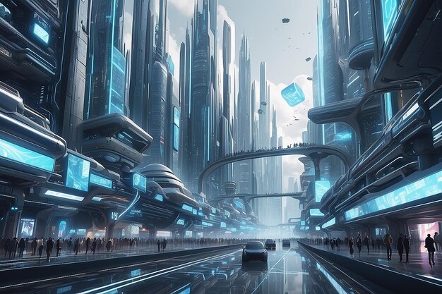 Imagen de una ciudad virtual en el metaverso futurista digital interconectado inmersivo bullicioso generativo ai
