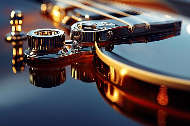 Imagen clara de píxeles de afinación de cuerdas de guitarra mediante el ajuste de máquinas de afinación Alto detalle 8K