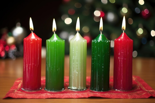 Imagen clara de siete velas kwanzaa, tres rojas, tres verdes y una negra.