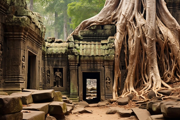 Foto imagen clásica del templo de ta prohm angkor raíces de árboles de camboya en el fondo
