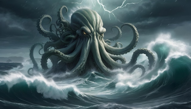 una imagen climática del Kraken en medio de una tormenta