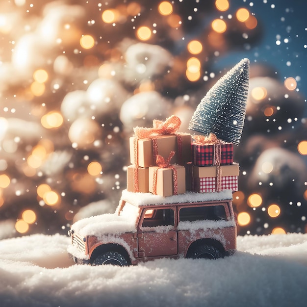 Imagen de un coche de juguete que lleva regalos de Navidad y un árbol en el fondo de Bokeh