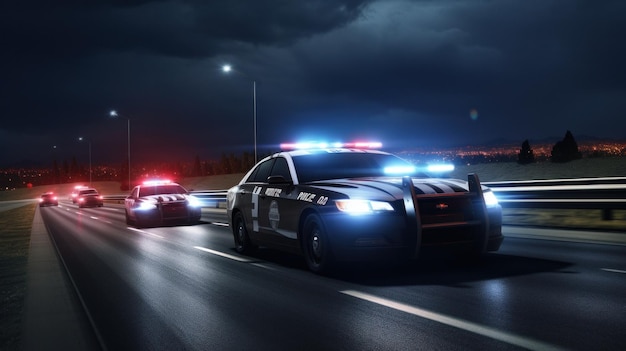 imagen de coches de policía conduciendo en una autopista por la noche