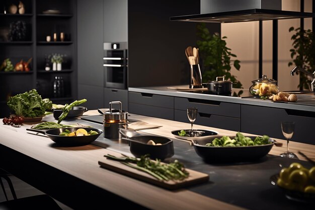 Foto imagen de una cocina moderna con verduras en la mesa de la cocina