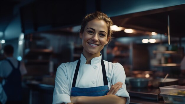 Una imagen de una cocinera feliz en la cocina Generative Ai