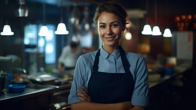 Una imagen de una cocinera feliz en la cocina Generative Ai