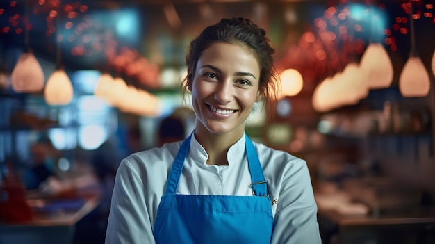 Una imagen de una cocinera feliz en la cocina Generative Ai