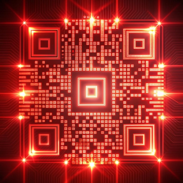 Imagen de código QR blanco parpadeante con líneas de neón rojas en fondo rojo Interfaz de información concepto de tecnología informática digital imagen generada digitalmente