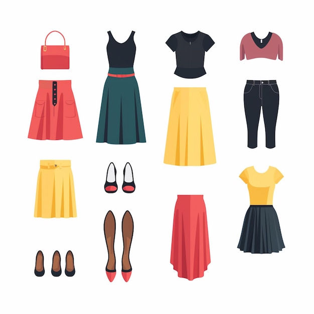 una imagen de una colección de diferentes vestidos, incluidos vestidos, zapatos y bolsos
