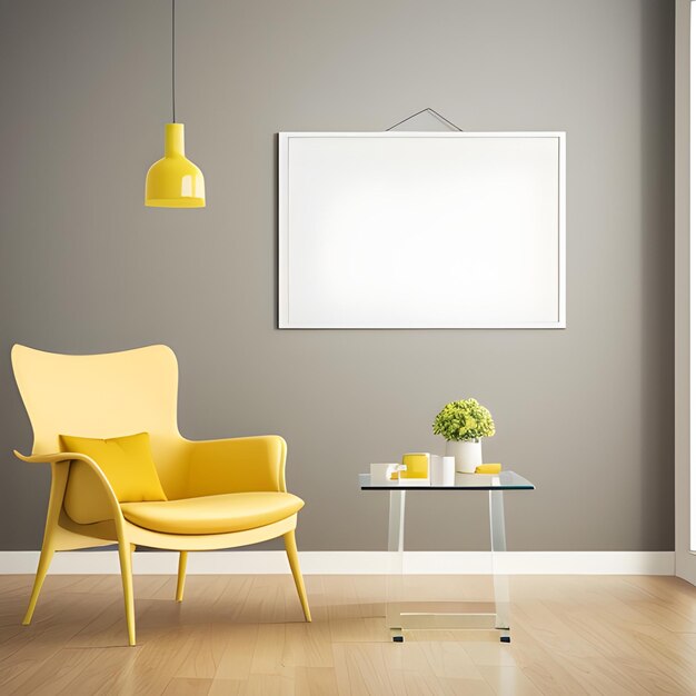 Foto una imagen colgada en una pared con una silla amarilla y una mesa con una imagen colgada por encima de ella.