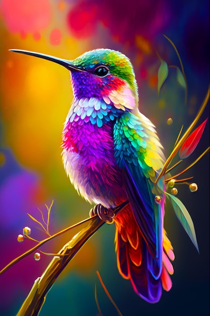 Imagen de colibrí colorido posado en la rama de un árbol con fondo colorido IA generativa