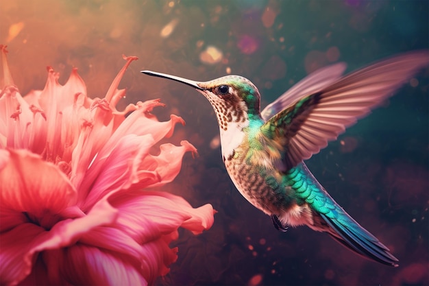 imagen de un colibri con una flor rosa delante de él
