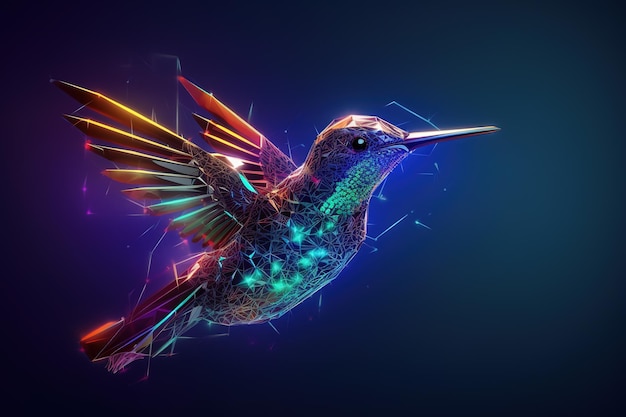 Imagen de colibrí con hermosos colores y luz sobre un fondo oscuro Ilustración de animales salvajes IA generativa