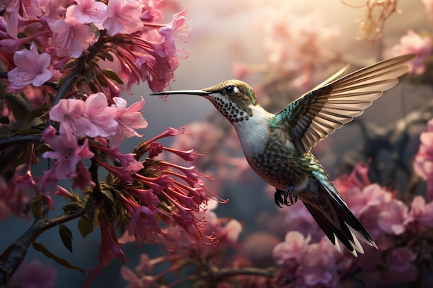 Imagen de un colibrí volando y hermosas flores Aves Animales salvajes Ilustración generativa de IA