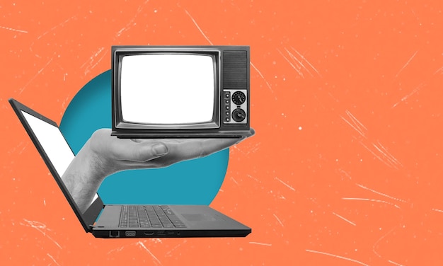 Imagen de collage de arte moderno de la mano con la TV saliendo de la computadora portátil
