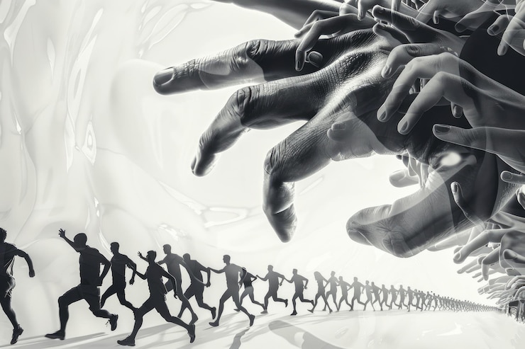 Foto imagen de collage compuesta de personas de colores blancos y negros corriendo un enorme dedo de la mano indica el objetivo
