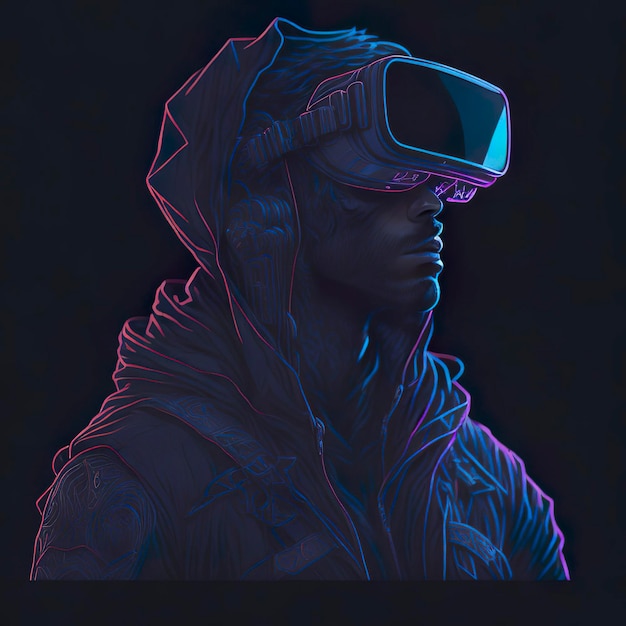 Una imagen de color neón de un hombre con gafas de realidad virtual.