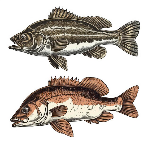 Imagen a color de pescado tallado en madera de estilo vintage antiguo dibujado a mano gráficos simples aislados en blanco
