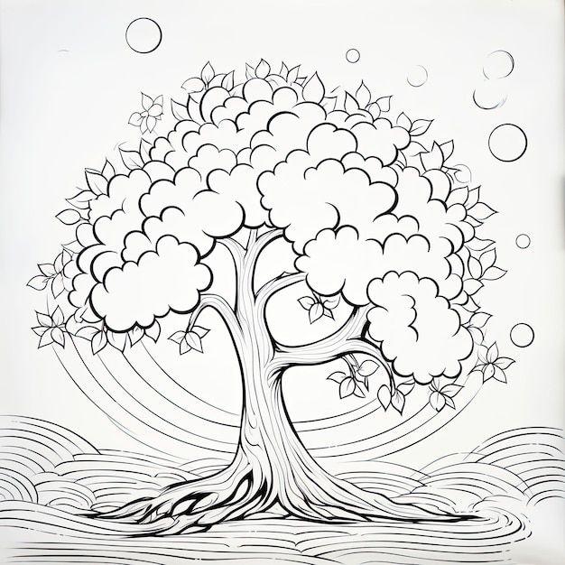 Imagen para colorear en blanco y negro de un árbol.