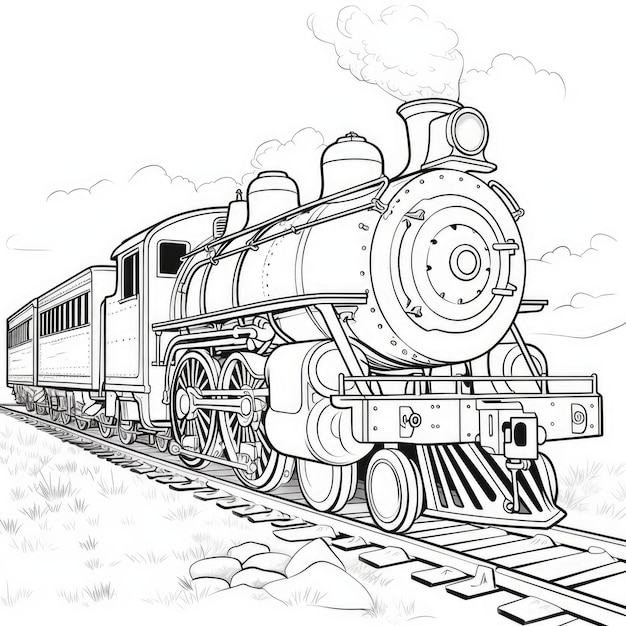 Foto imagen para colorear en blanco y negro de una locomotora de vapor.