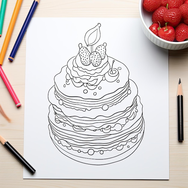 Foto imagen para colorear en blanco y negro de un pastel.