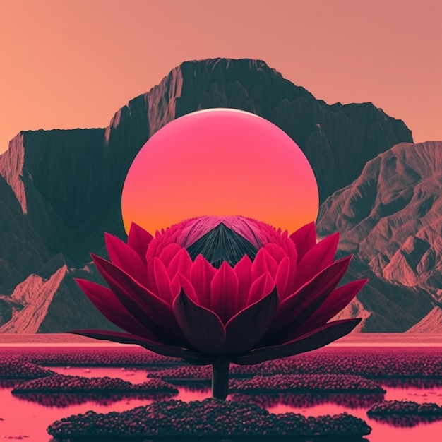 una imagen de colores brillantes de una flor de loto rosa frente a una montaña ai generativa