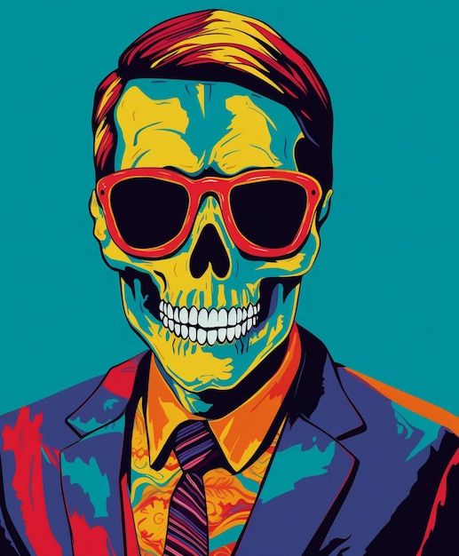 imagen de colores brillantes de un hombre con una cara de cráneo que lleva gafas de sol