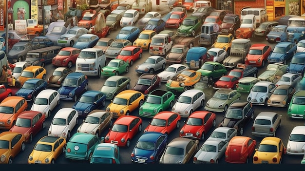 Una imagen colorida de autos en un estacionamiento con la palabra fiat en la parte superior.