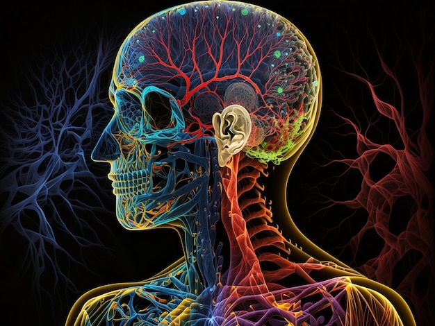 Una imagen colorida de una cabeza y un cuello humanos.