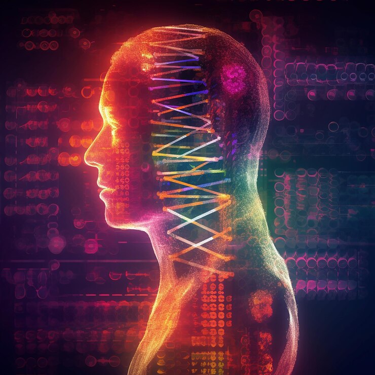 Una imagen colorida de la cabeza de un hombre con el ADN en el medio.