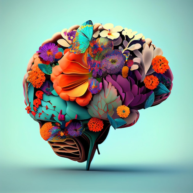 Una imagen colorida de un cerebro con flores.