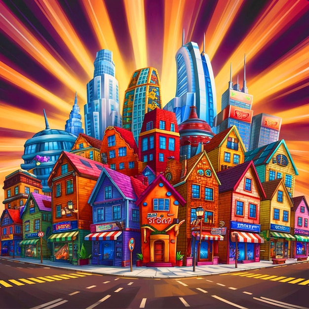 una imagen colorida de una ciudad con un fondo colorido