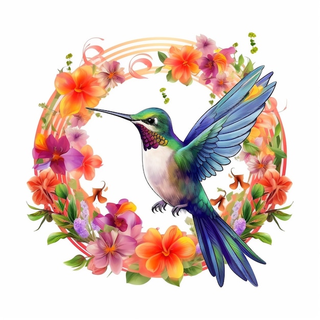 una imagen colorida de un colibri con un círculo de flores en el medio.