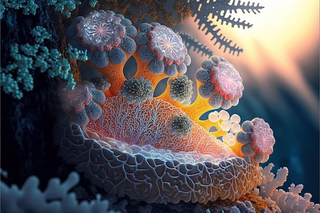 Una imagen colorida de un coral con un patrón azul y rosa.